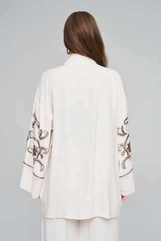 Kadın Pastel Renk Nakış İşlemeli Dökümlü Kimono