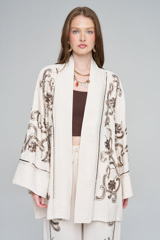 Kadın Pastel Renk Nakış İşlemeli Dökümlü Kimono