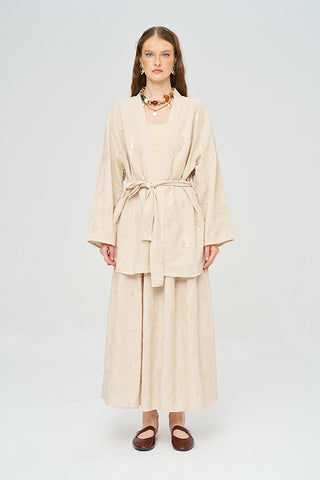 Kadın Pul Payet Yaprak İşlemeli Kuşaklı Kimono