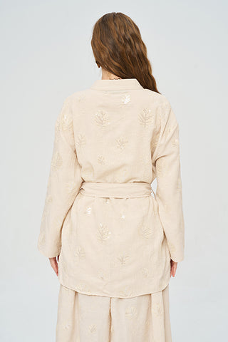 Kadın Pul Payet Yaprak İşlemeli Kuşaklı Kimono