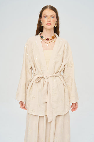 Kadın Pul Payet Yaprak İşlemeli Kuşaklı Kimono