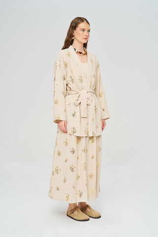 Kadın Pul Payet Yaprak İşlemeli Kuşaklı Kimono