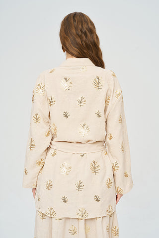 Kadın Pul Payet Yaprak İşlemeli Kuşaklı Kimono