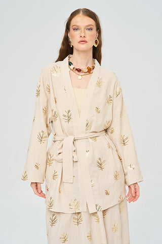Kadın Pul Payet Yaprak İşlemeli Kuşaklı Kimono