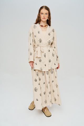 Kadın Pul Payet Yaprak İşlemeli Kuşaklı Kimono
