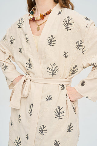 Kadın Pul Payet Yaprak İşlemeli Kuşaklı Kimono