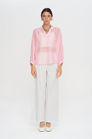Kadın Asimetrik Kesim Oversize Transparan Pudra Bluz