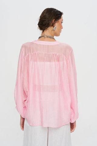 Kadın Asimetrik Kesim Oversize Transparan Pudra Bluz