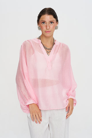 Kadın Asimetrik Kesim Oversize Transparan Pudra Bluz