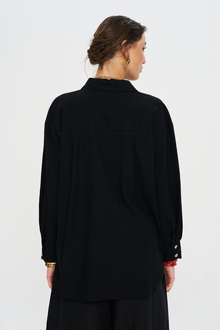Kadın Tek Cepli Şerit Detaylı Oversize Kesim Gömlek
