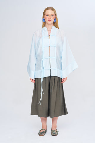 Kadın Çin Yaka İp Düğmeli Düz Renk Transparan Kimono