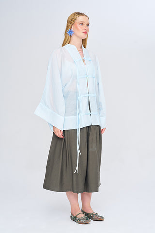 Kadın Çin Yaka İp Düğmeli Düz Renk Transparan Kimono