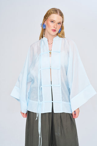 Kadın Çin Yaka İp Düğmeli Düz Renk Transparan Kimono