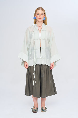 Kadın Çin Yaka İp Düğmeli Düz Renk Transparan Kimono