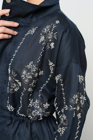 Kadın Önü Boncuk İşlemeli Fermuarlı Ve Çıtçıt Kapamalı Kışlık Ceket