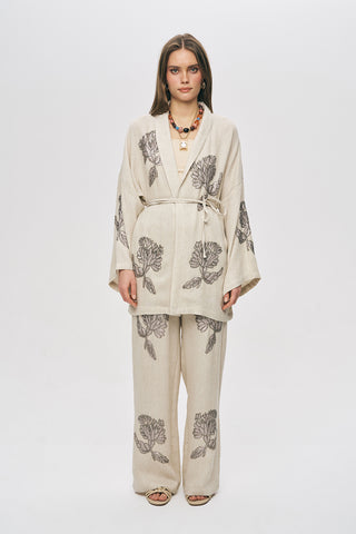 Kadın Flora Natur Nakış İşlemeli Beli Bağlamalı Oversize Kimono