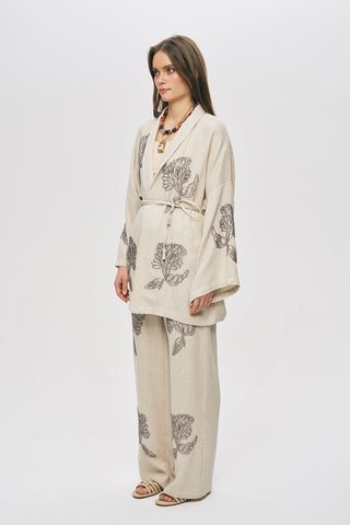 Kadın Flora Natur Nakış İşlemeli Beli Bağlamalı Oversize Kimono