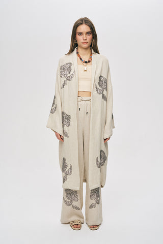 Kadın Flora Natur Nakış İşlemeli Bağlama Detaylı Uzun Oversize Kimono