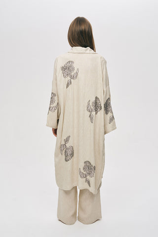 Kadın Flora Natur Nakış İşlemeli Bağlama Detaylı Uzun Oversize Kimono