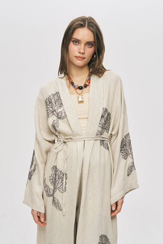 Kadın Flora Natur Nakış İşlemeli Bağlama Detaylı Uzun Oversize Kimono