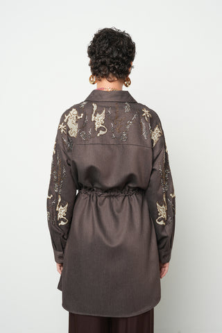 Kadın Uzun Tesettüre Uygun Nakış Ve Boncuk İşlemeli Kahverengi Ceket