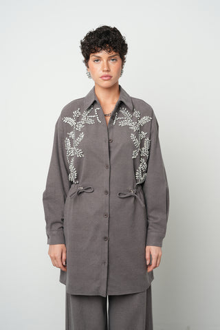 Kadın Taş İşlemeli Belden Bağlamalı Düz Renk Uzun Tesettüre Uygun Ceket