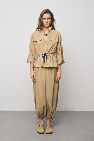 Kadın Comfort Beli Büzgülü ve Kol Bağlama Detaylı Fermuarlı Ceket