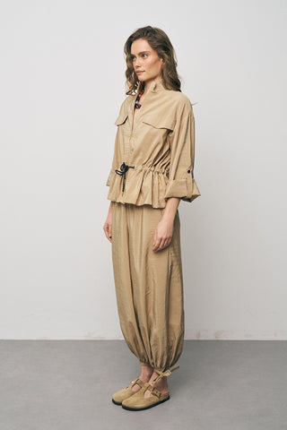 Kadın Comfort Beli Büzgülü ve Kol Bağlama Detaylı Fermuarlı Ceket