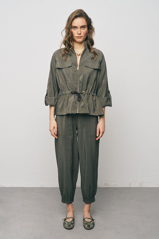 Kadın Comfort Beli Büzgülü ve Kol Bağlama Detaylı Fermuarlı Ceket