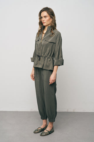 Kadın Comfort Beli Büzgülü ve Kol Bağlama Detaylı Fermuarlı Ceket