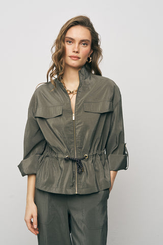 Kadın Comfort Beli Büzgülü ve Kol Bağlama Detaylı Fermuarlı Ceket