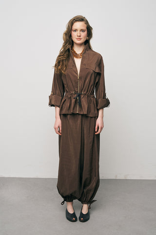 Kadın Comfort Beli Büzgülü ve Kol Bağlama Detaylı Fermuarlı Ceket