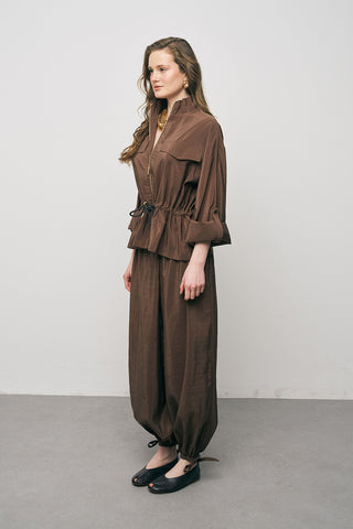 Kadın Comfort Beli Büzgülü ve Kol Bağlama Detaylı Fermuarlı Ceket