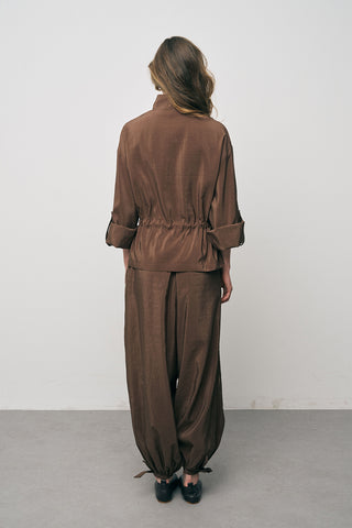 Kadın Comfort Beli Büzgülü ve Kol Bağlama Detaylı Fermuarlı Ceket