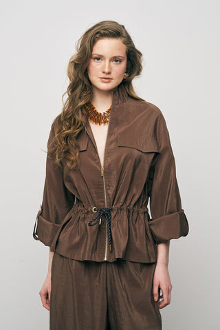 Kadın Comfort Beli Büzgülü ve Kol Bağlama Detaylı Fermuarlı Ceket