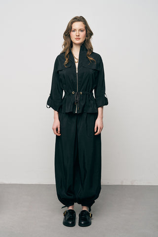 Kadın Comfort Beli Büzgülü ve Kol Bağlama Detaylı Fermuarlı Ceket