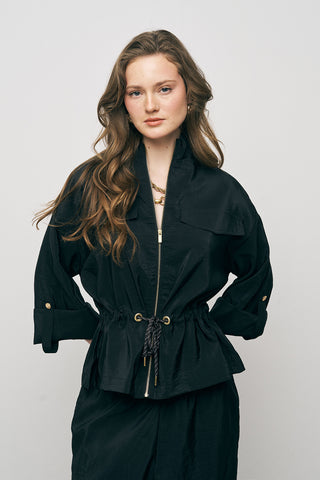 Kadın Comfort Beli Büzgülü ve Kol Bağlama Detaylı Fermuarlı Ceket