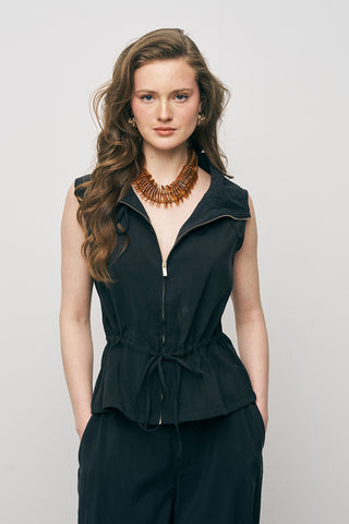 Kadın Dik Yaka Düz Renk Fermuarlı Yelek