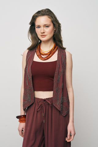 Kadın El İşçiliği Boncuk İşlemeli Modal Crop Yelek