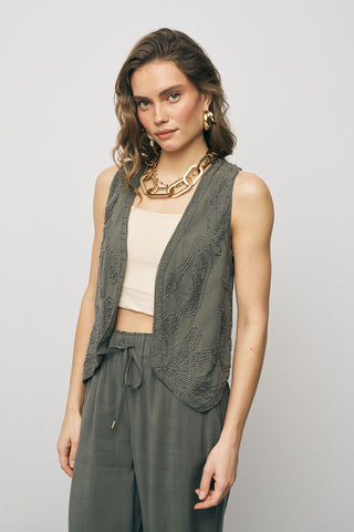 Kadın El İşçiliği Boncuk İşlemeli Modal Crop Yelek
