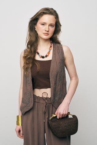 Kadın El İşçiliği Boncuk İşlemeli Modal Crop Yelek