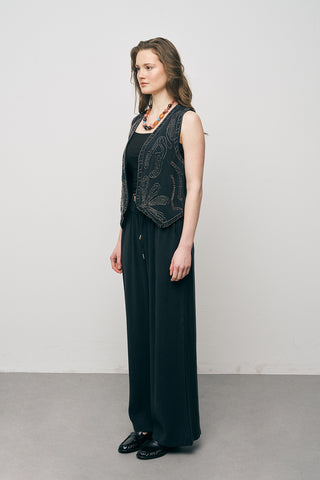 Kadın El İşçiliği Boncuk İşlemeli Modal Crop Yelek