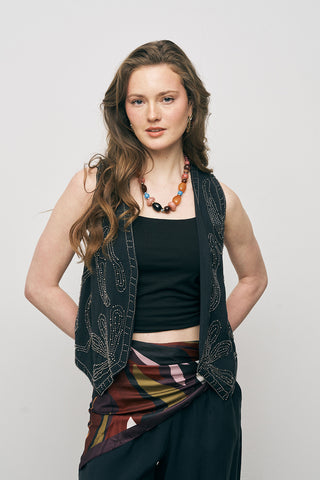 Kadın El İşçiliği Boncuk İşlemeli Modal Crop Yelek