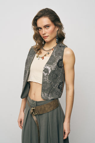 Kadın Modal El İşçiliği Pul ve Nakış İşlemeli Crop Yelek