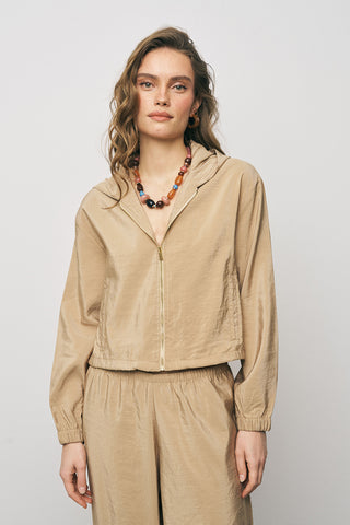 Kadın Comfort Kapüşonlu Fermuarlı Beli Lastikli Crop Ceket