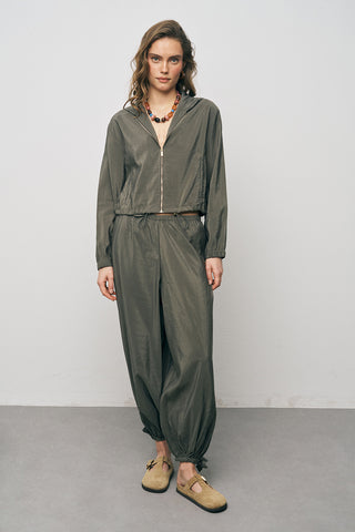 Kadın Comfort Kapüşonlu Fermuarlı Beli Lastikli Crop Ceket