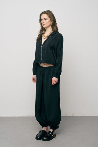 Kadın Comfort Kapüşonlu Fermuarlı Beli Lastikli Crop Ceket