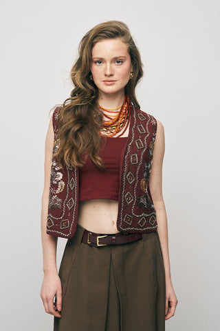 Kadın Etnik Işıltı El İşçiliği Boncuk ve Nakış İşlemeli Liyosel Crop Yelek