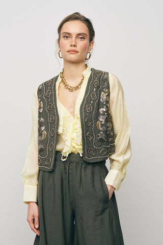 Kadın Etnik Işıltı El İşçiliği Boncuk ve Nakış İşlemeli Liyosel Crop Yelek
