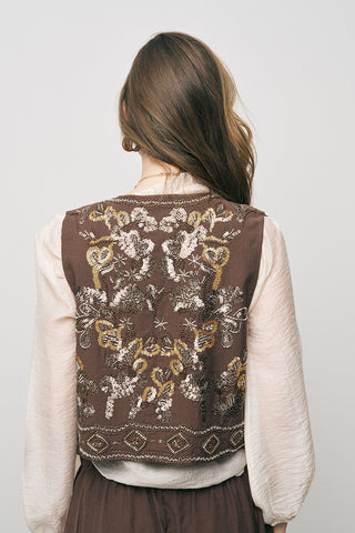 Kadın Etnik Işıltı El İşçiliği Boncuk ve Nakış İşlemeli Liyosel Crop Yelek